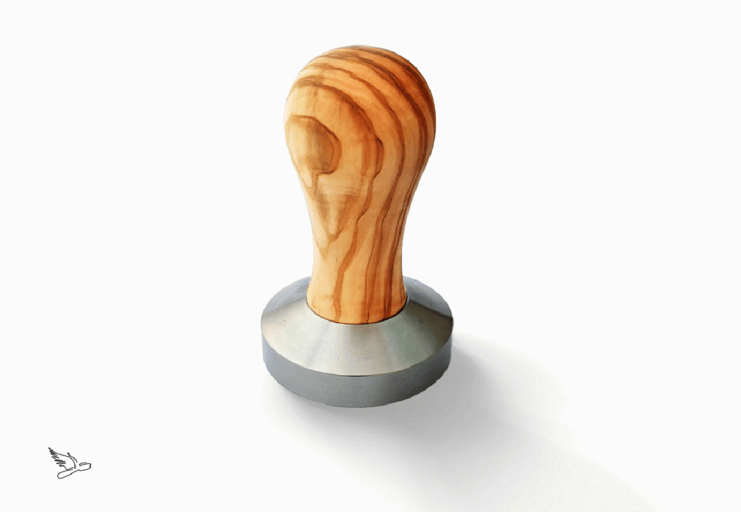 Brewspire Tamper Edelstahl Platte mit Griff aus Olivenholz