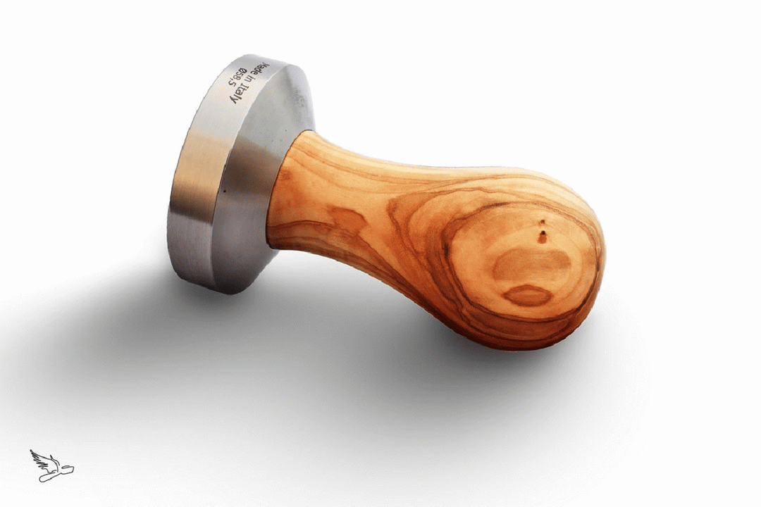 Brewspire Tamper Edelstahl Platte mit Griff aus Olivenholz