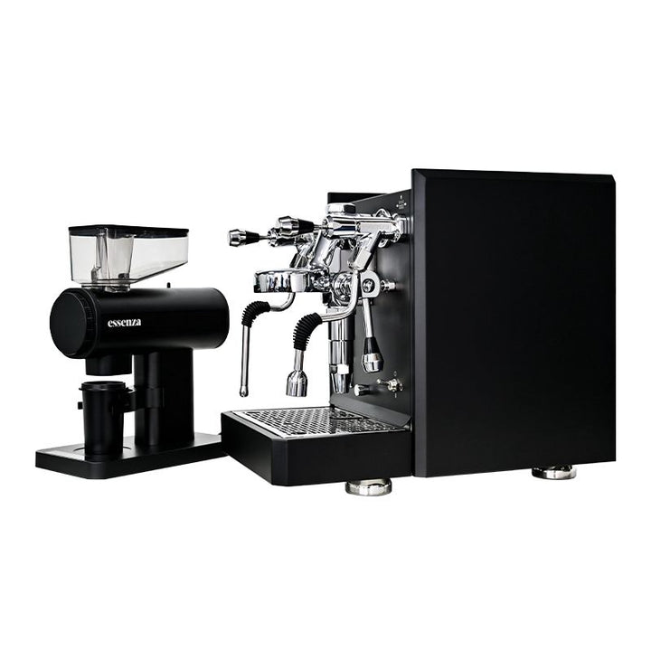 Essenza Bundle: Modena Dualboiler Schwarz Vibrationspumpe mit Espressomühle Siebträger inklusive 2 Jahre Garantie