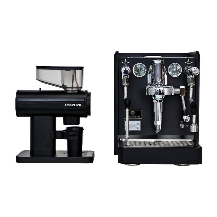 Essenza Bundle: Modena Dualboiler Schwarz Vibrationspumpe mit Espressomühle Siebträger inklusive 2 Jahre Garantie