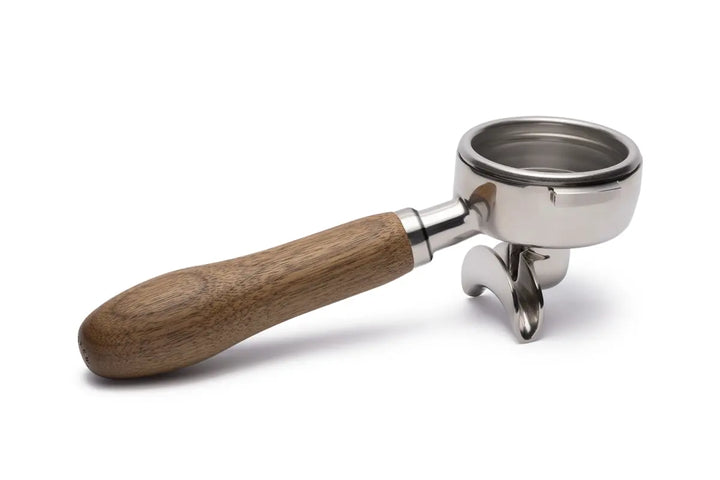 Brewspire Siebträger in 58mm mit Doppelauslauf hinten aus Edelstahl mit Griff aus Echtholz