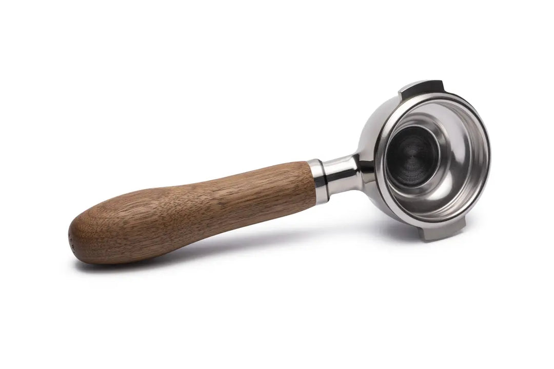 Brewspire Siebträger in 58mm mit Einzelauslauf aus Edelstahl mit Griff aus Echtholz