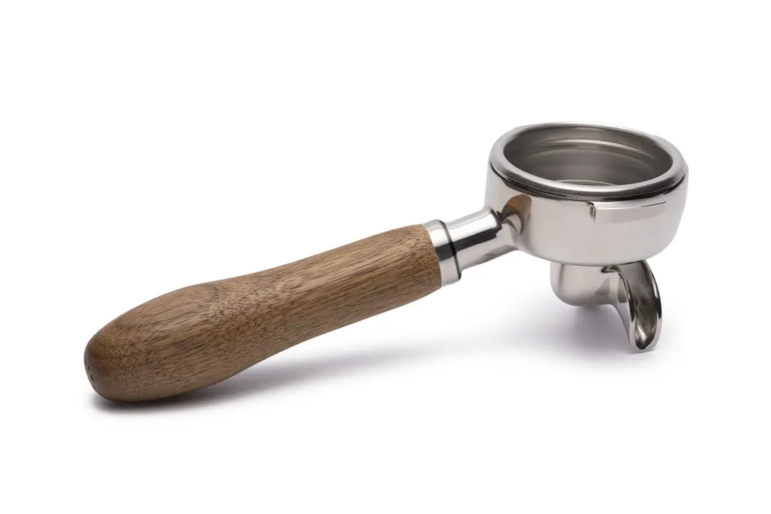 Brewspire Siebträger in 58mm mit Doppelauslauf vorne aus Edelstahl mit Griff aus Echtholz