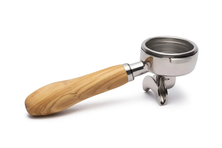 Brewspire Siebträger in 58mm mit Doppelauslauf hinten aus Edelstahl mit Griff aus Echtholz