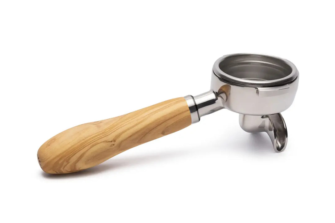 Brewspire Siebträger in 58mm mit Doppelauslauf vorne aus Edelstahl mit Griff aus Echtholz