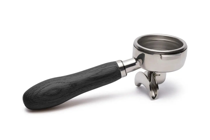 Brewspire Siebträger in 58mm mit Doppelauslauf hinten aus Edelstahl mit Griff aus Echtholz